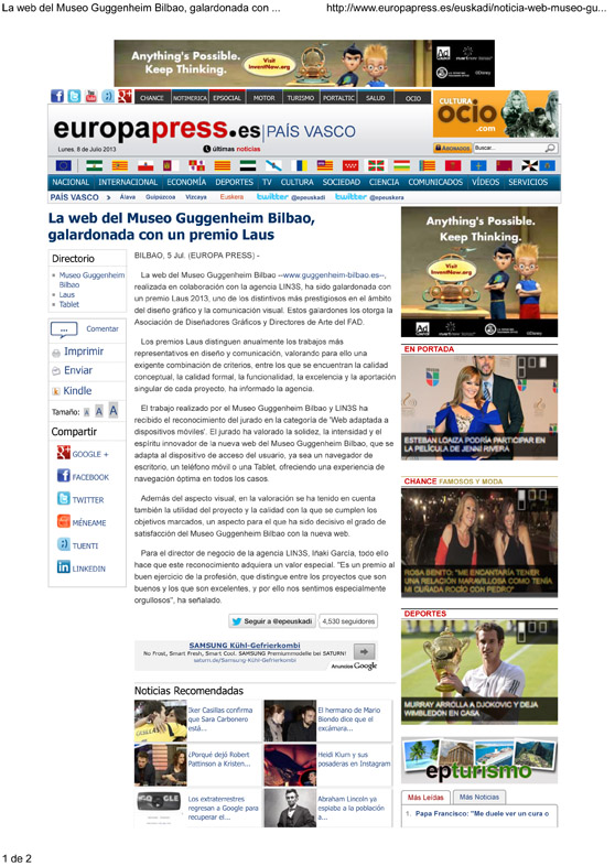 LIN3S en europapress.es. Gabinete de Prensa Spb_servicios periodísticos